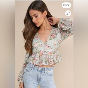 Lulu's Charming Suggestion Sage Floral Lace Peplum Balloon Sleeve Top